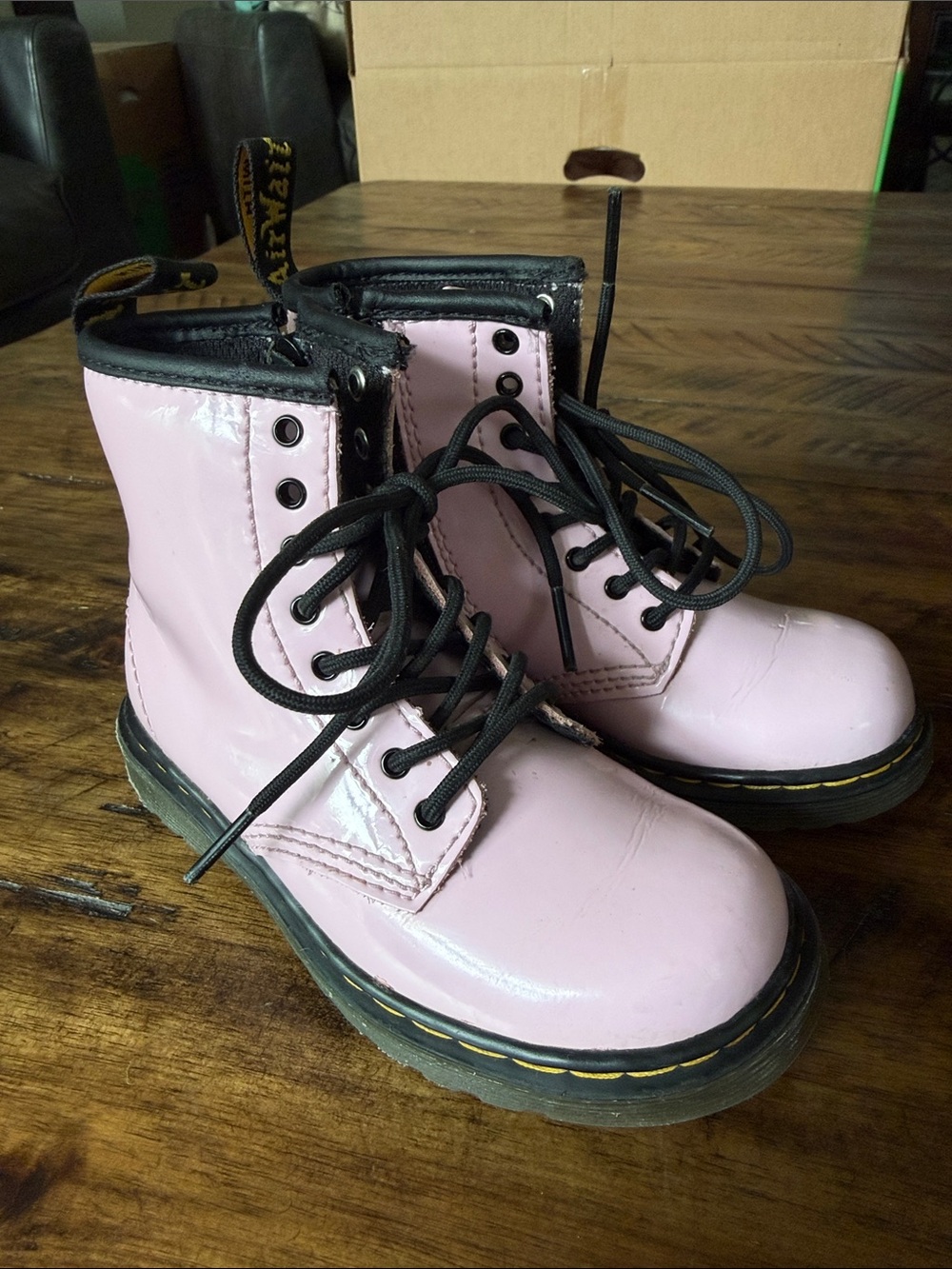 Dr. Martens Pink Patent Lace-Up Kids Boots with Black Trim